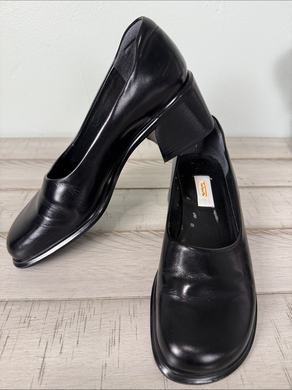 Talbots Vintage Black Leather Square Toe Block Heel Pumps EUC